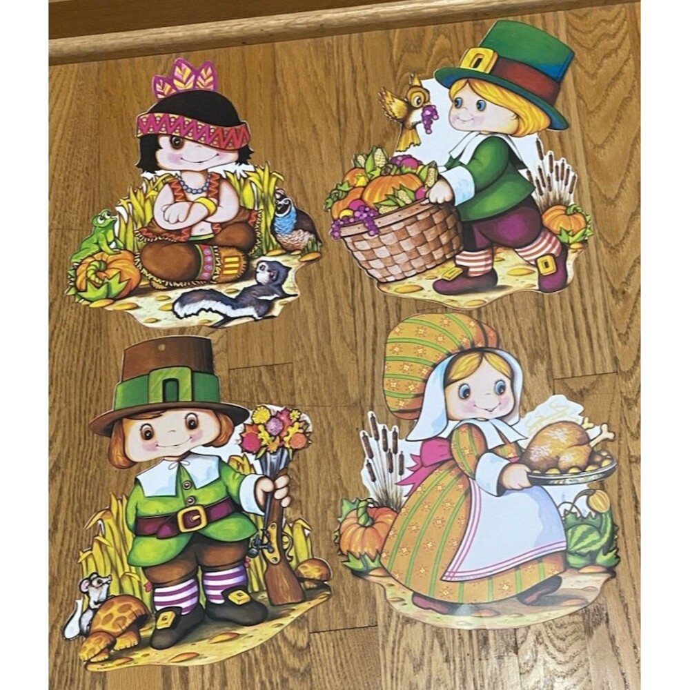 Vintage Beistle Thanksgiving Harvest Pilgrims Indian Cut Out Wall Decor 1978 Lot